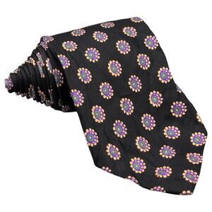 Polo Ralph Lauren Tie 57"x3.5" Black Purple Gold 100% Silk Neat Floral Medallion
